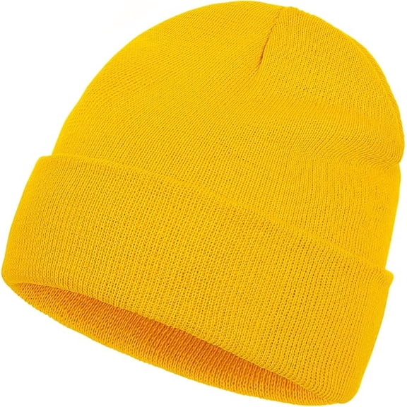 Slouchy Knitted Winter Warm Unisex Cuffed Plain Beanie Hat, Yellow