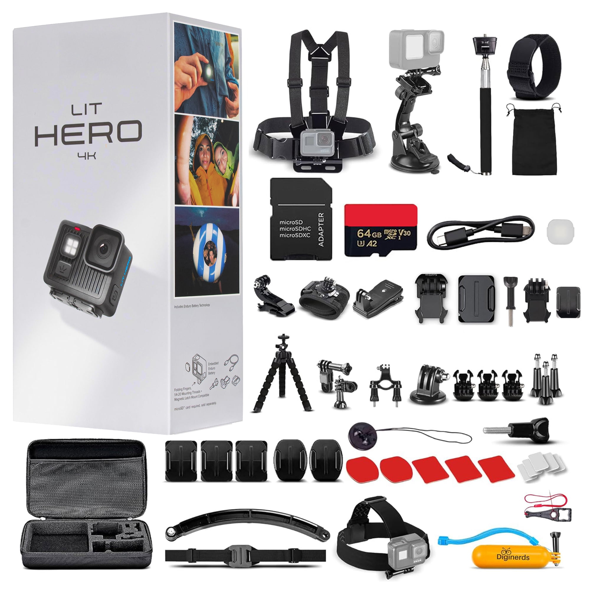 GoPro LIT HERO 4K Ultra HD Compact Action Camera | Integrated LED Illumination, HyperSmooth Stabilization + 64GB SD Card