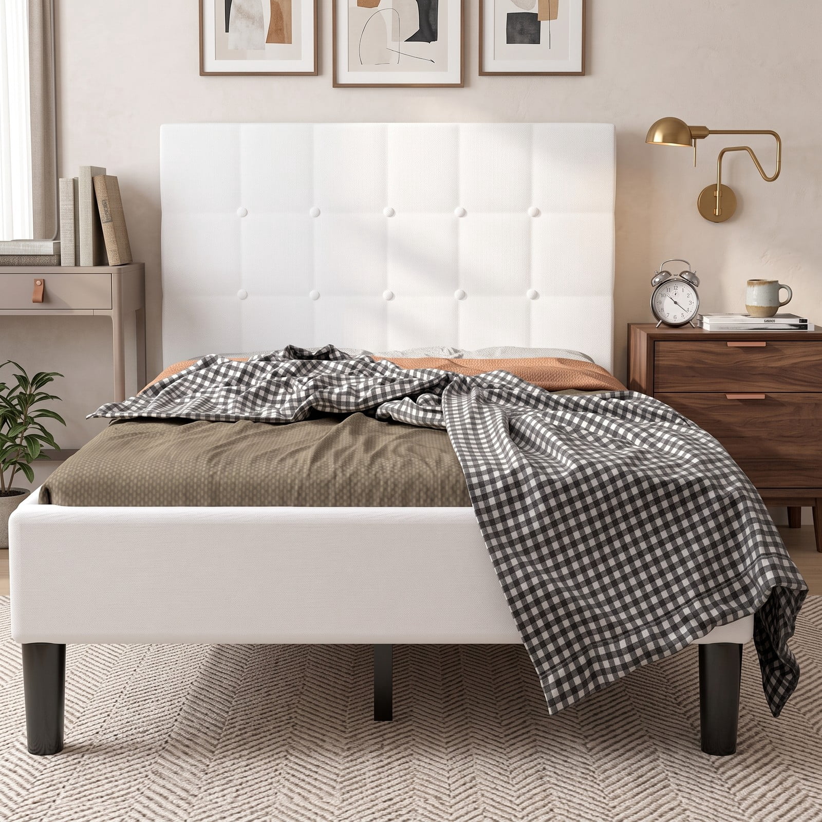 Furnibear Twin Size Bed Frame, Upholstered Platform Bed with Button Tufted Headboard and Under-Bed Storage, No Box Spring Needed, White