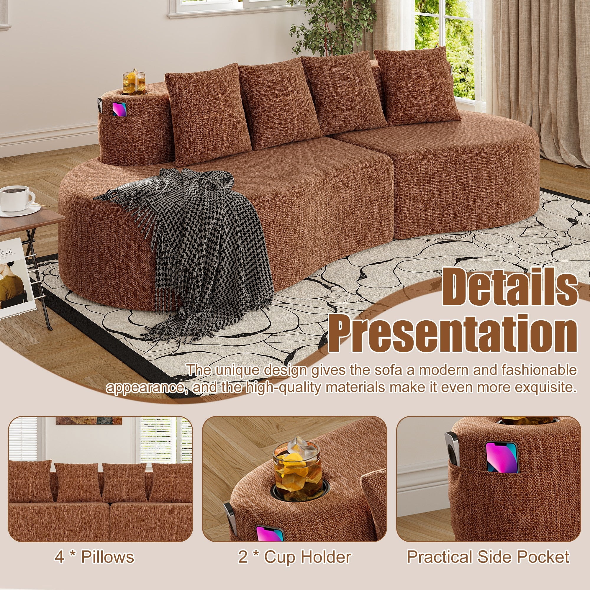 Sailvan Modern Curved Sectional 3 Seat Sofa,Minimalist Half Moon Modular Couch for Living Room,Office and Apartment,Soft Chenille Fabric Orange