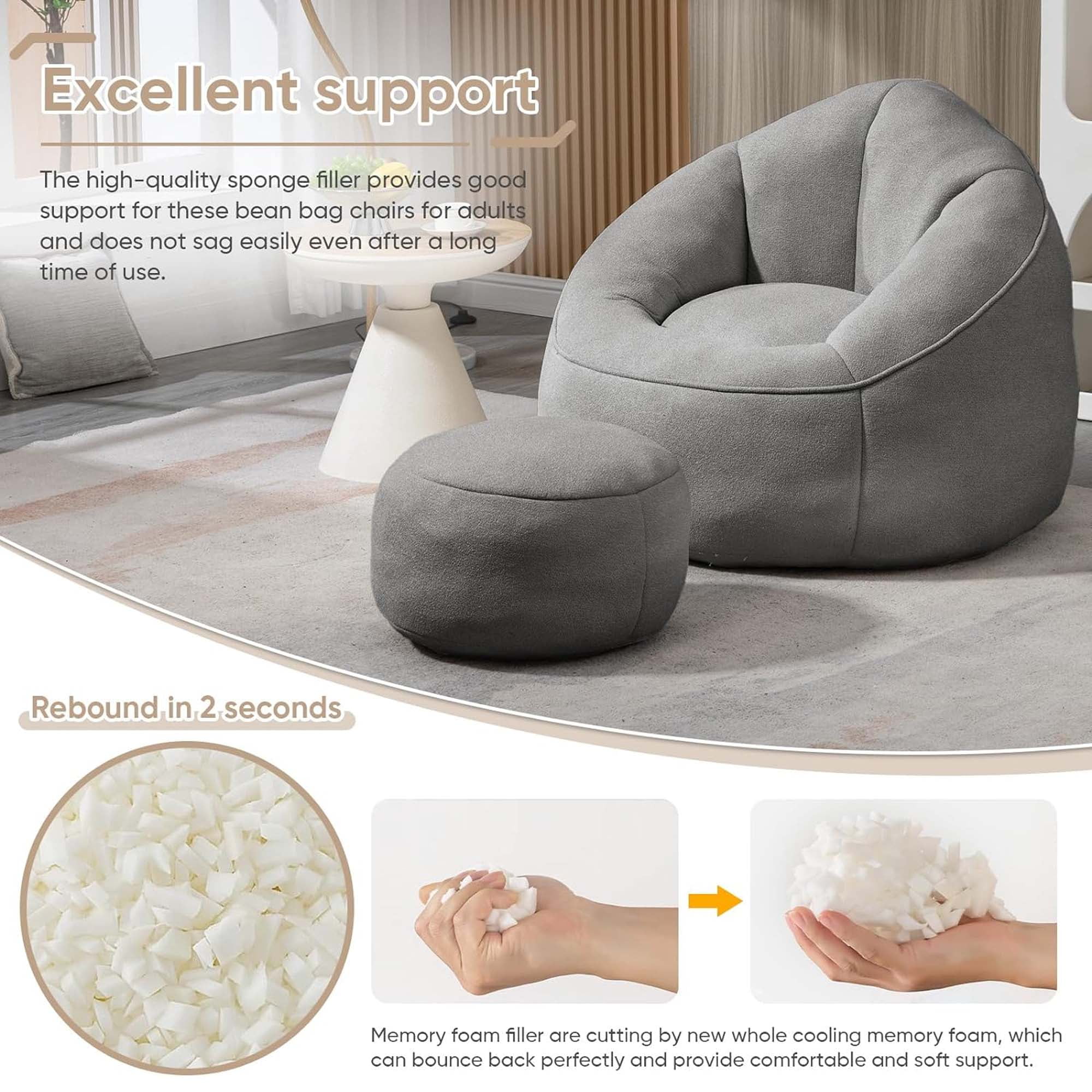 Aukfa Bean Bag Chair, Lazy Sofa Beanbag with Ottoman for Living Room, Dorm - Gray