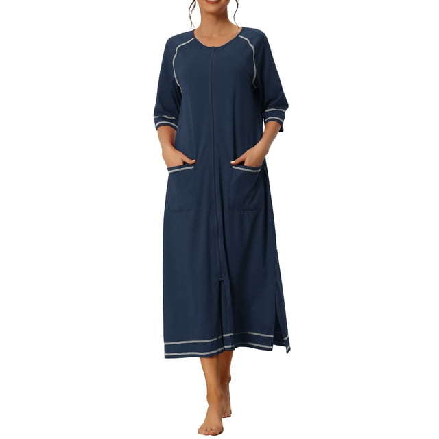 INSPIRE CHIC Bata de mujer con cremallera de manga larga, ropa de casa midi con bolsillos, vestido de noche 2XL azul