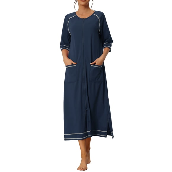 INSPIRE CHIC Women Zipper Robe Long Sleeve Loungewear Housecoat Midi Nightgown with Pockets 2XL Blue