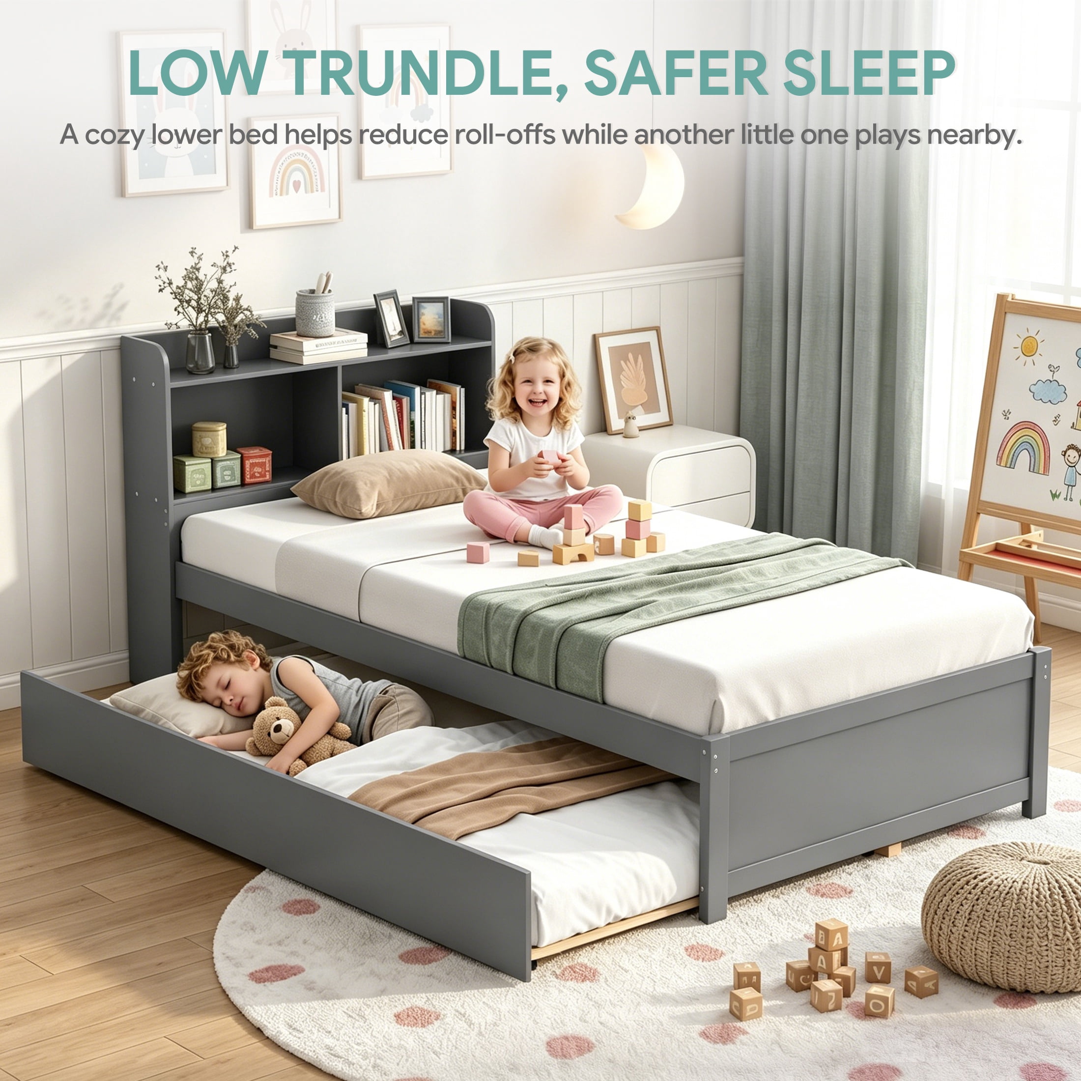 UHOMEPRO Twin Trundle Bed with Storage Headboard, Gray Trundle Bed Frame for Kids Girls Boys, Twin Bed with Trundle, No Box Spring Needed