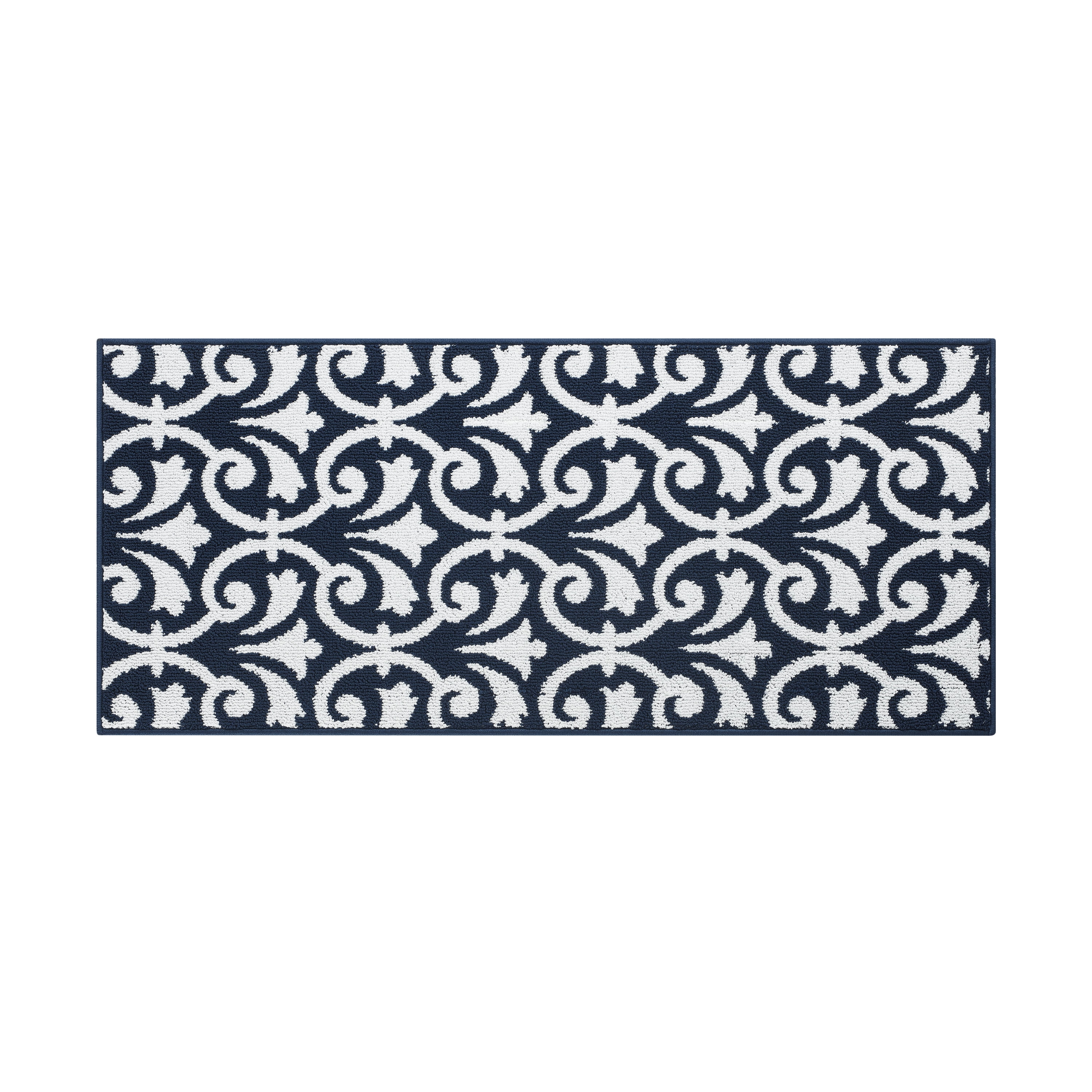 Washable Non-Slip Accent Rug, Floral Scroll, Navy and White, 26"x 45"