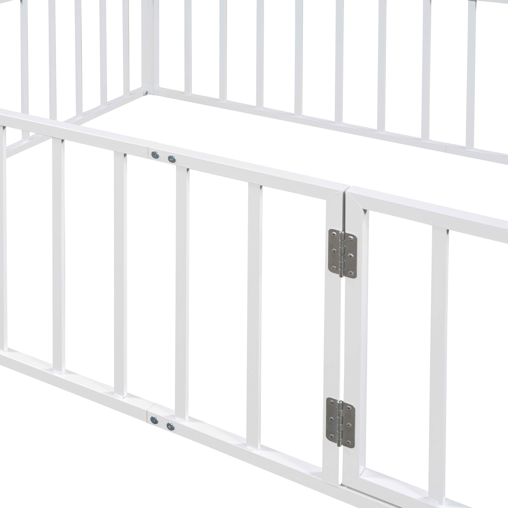 MAYEERTY Metal Floor Bed Frame with Fence and Openable Door Kids Play and Sleep Space