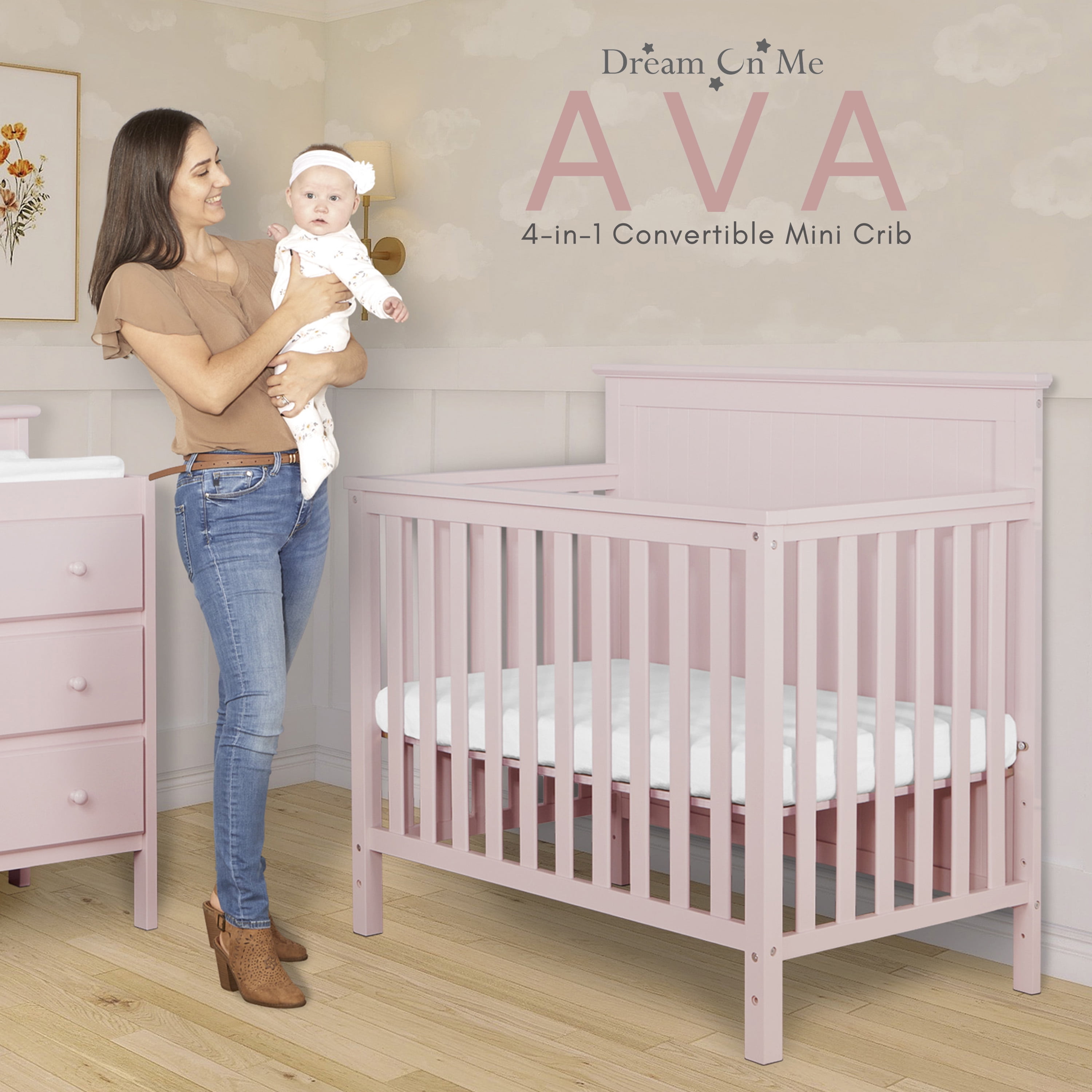 Dream On Me Ava 4-in-1 Convertible Mini Crib, Blush Pink