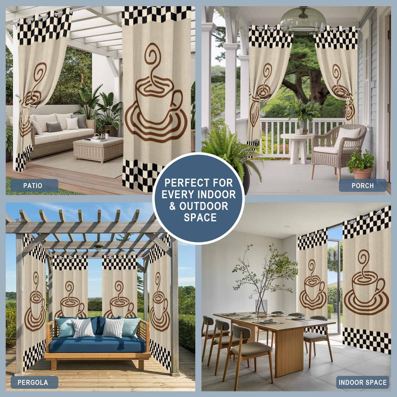 Coffee Cup Outdoor Curtains for Patio, Retro Country Brown Lines Cup Linen Black Plaid Sunshade Privacy Drapes Grommet Waterproof Outside Curtains for Porch/Cabana/Balcony 54"x 108", 1 Panel