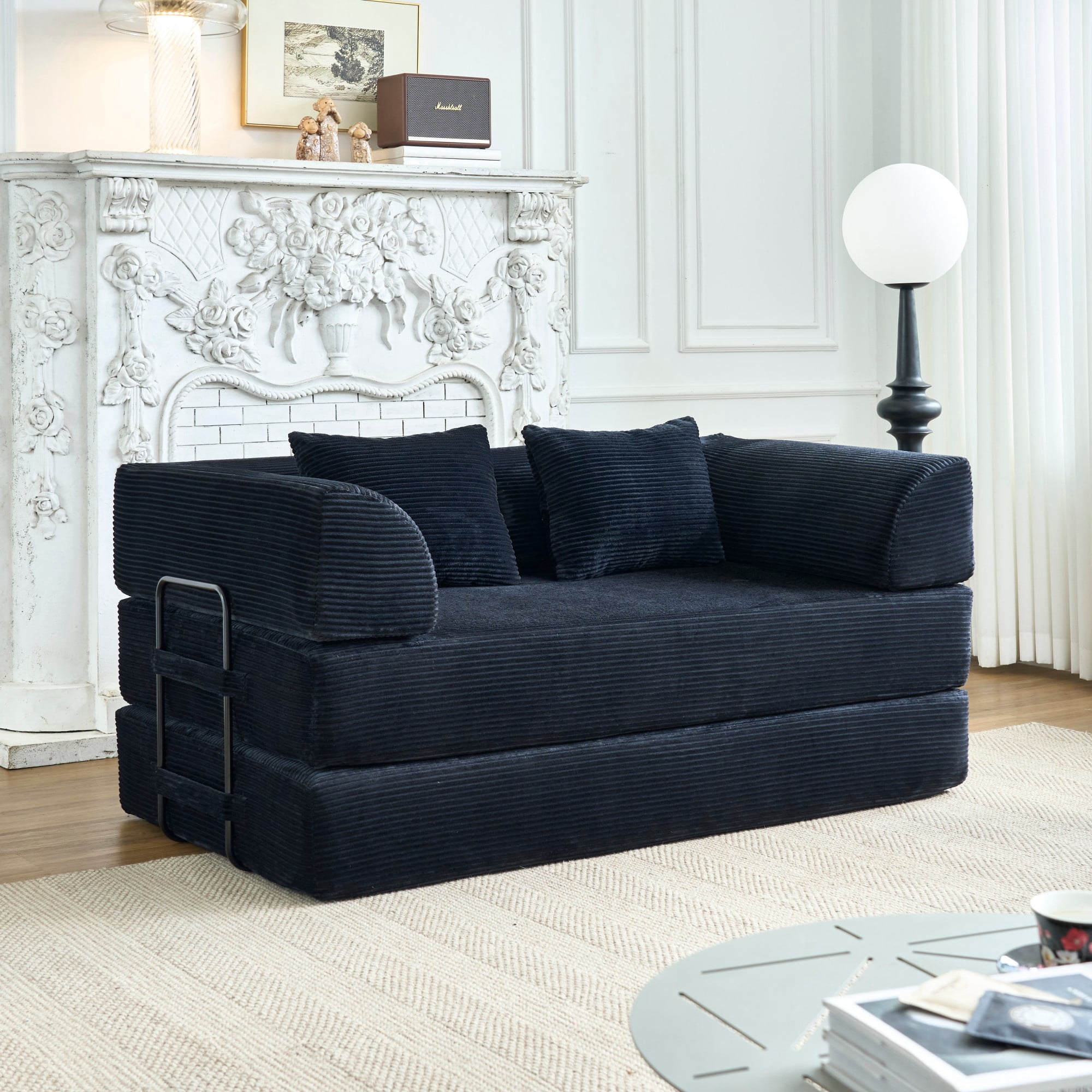 BSHTI 59" Corduroy Convertible Sleeper Sofa Bed with Cylindrical Pillow, No Assembly, Small Space for Living Room（Black）