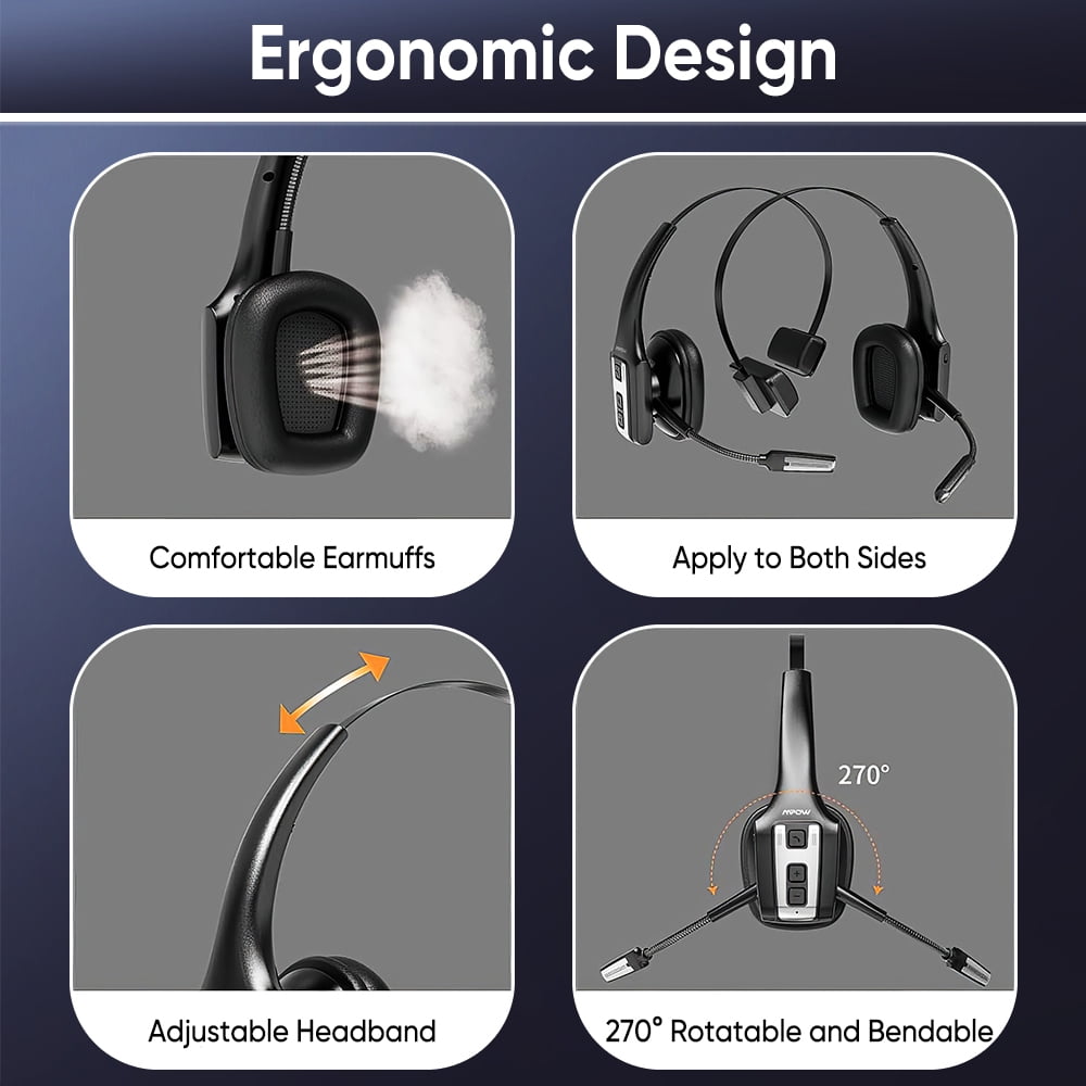Bluetooth Headset with Microphone, Trucker Bluetooth Headset with ENC Noise Cancelling & Mute Button, Wireless On-Ear Headphones 60 Hrs Working Time, for Trucker Home Office Remote Work Zoom