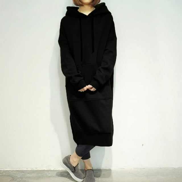 Nouvelle Robe à Capuche Longue Ample pour Femmes, Unie, Manches Longues, Poches, Fente, Décontractée, Chaude, Chandails à Capuchon