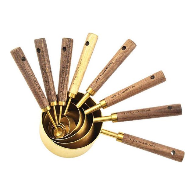 pitrice Stainless Steel Measuring Cups Spoons Set Wood Handle Measuring Spoon Cup