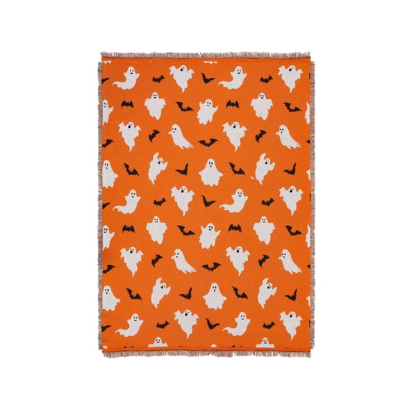 Qocolcyl Orange Woven Halloween Ghost Bat Tassel Throw Blanket, Decorative Fringe Blanket, Indoor Halloween Decor for Sofa Couch Bed Farmhouse Fall Halloween Party Home Ornament,63x51in