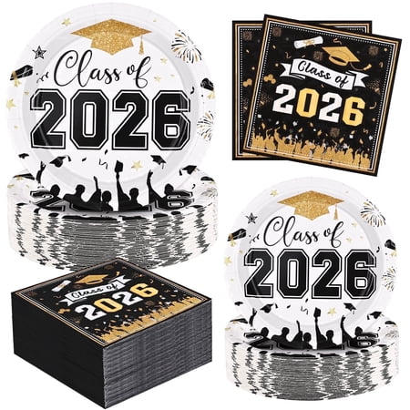 DAZLUTE 200PCS Graduation Plates and Napkins Class of 2026 Disposable Party Supplies for College High School Congrats Grad Party Favors Serve 50(Black)