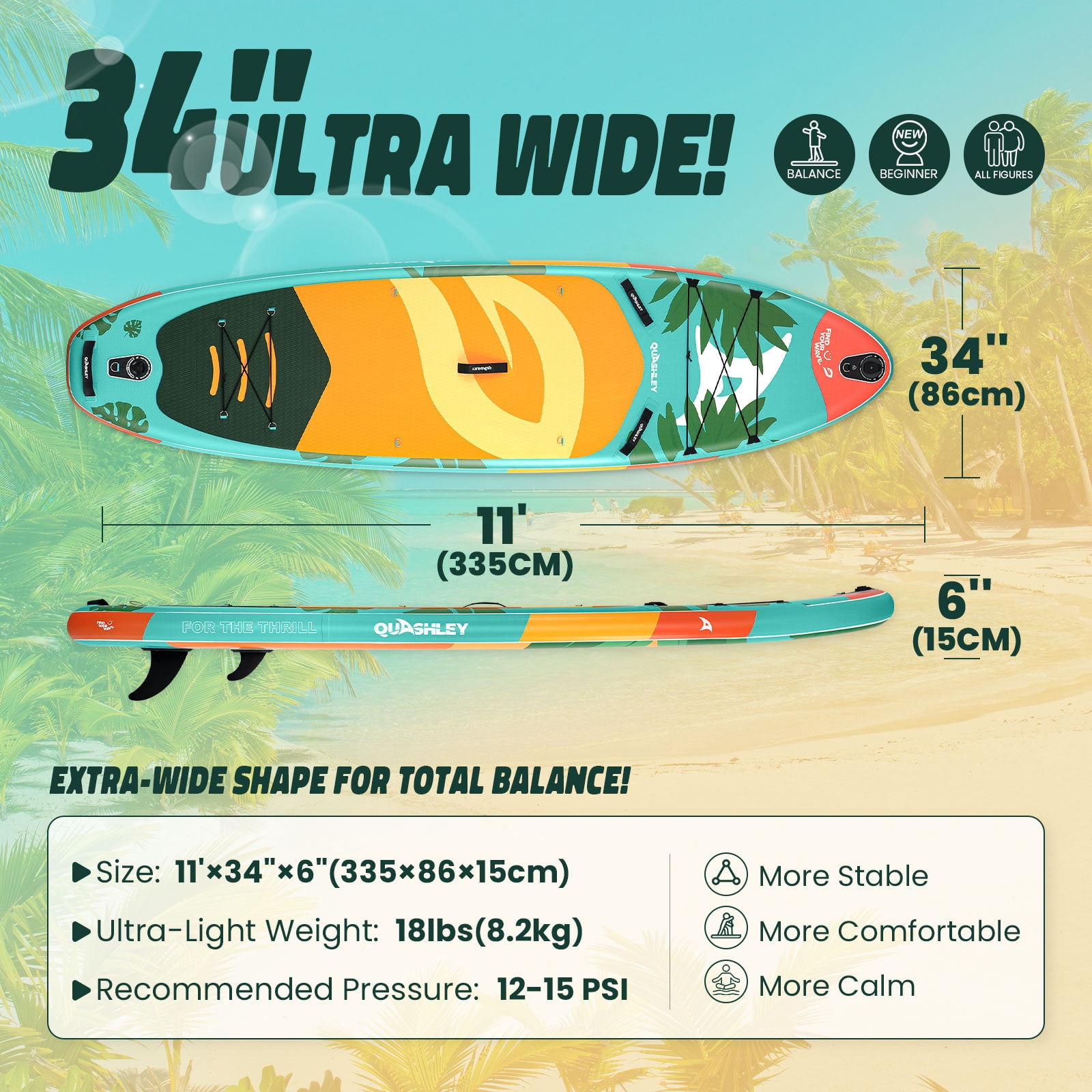 Quashley Wide Inflatable Stand up Paddle Board, 11 ft x 34 inch All-Around SUP Board with Paddle, Hand Pump, Backpack and Leash