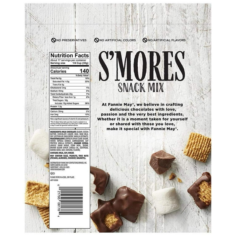 Fannie May S'mores Snack Mix, Milk Chocolate Covered Mini Marshmallows and Graham Cereal, 18oz Bag