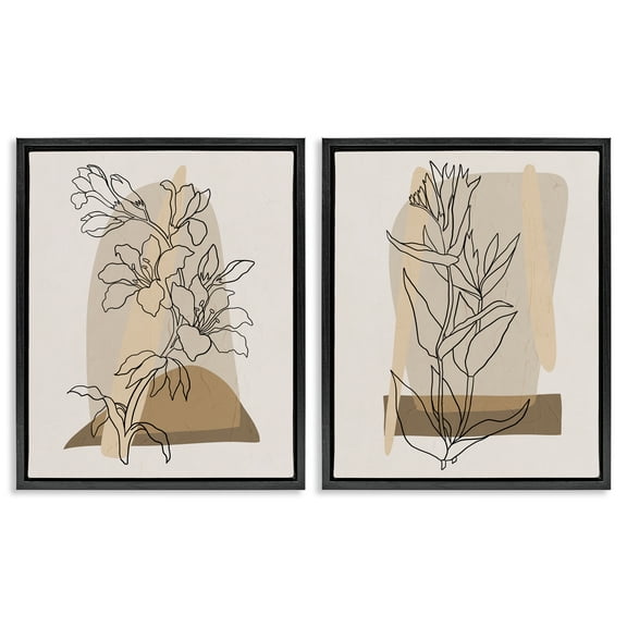Stupell Industries Natural Flower Outlines Plants & Flowers Painting Black Floater Framed Canvas Art Print Wall Art, 17 x 21, Set of 2