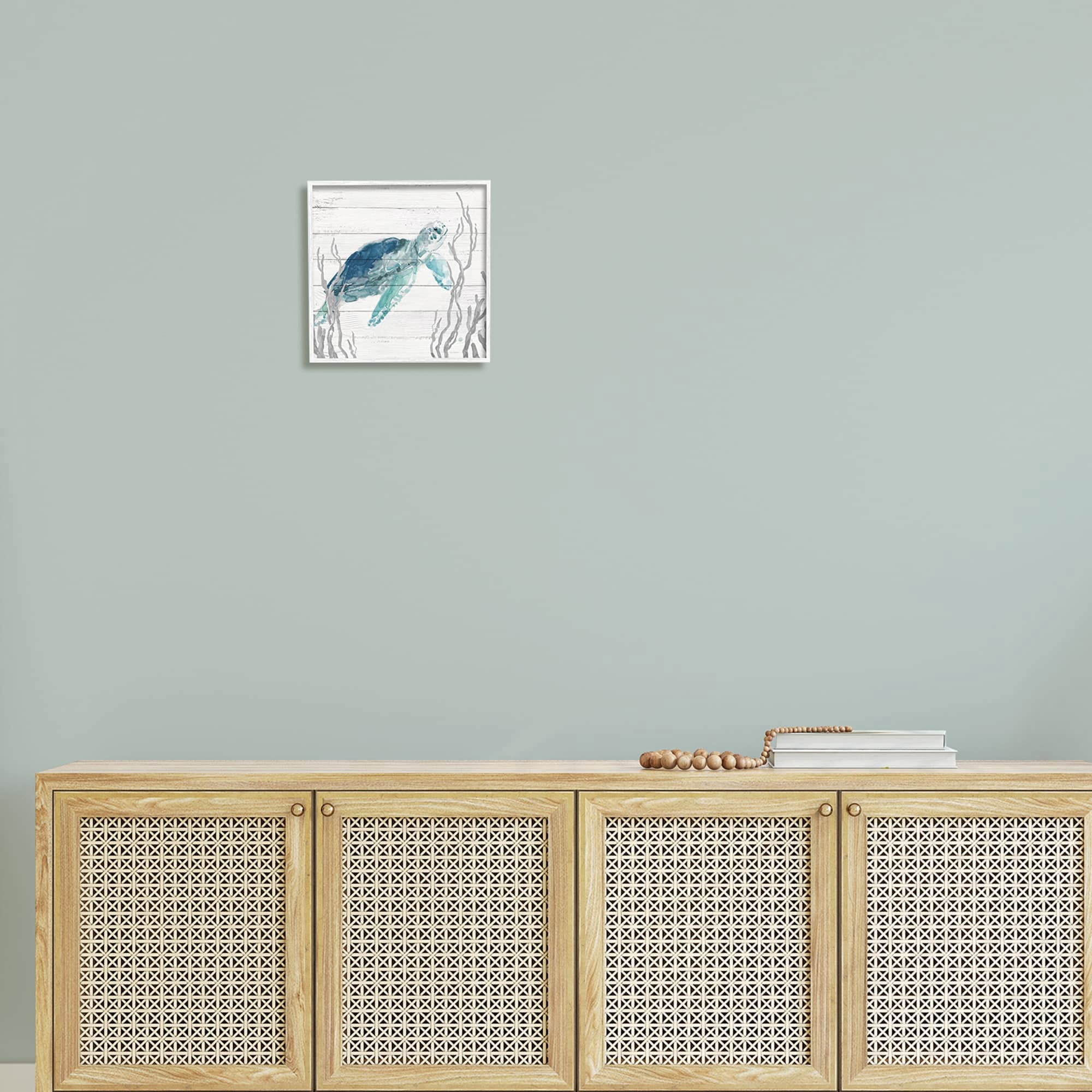 Stupell Industries Sea Turtle Ocean Botanicals Rustic Plank Pattern Graphic Art White Framed Art Print Wall Art, Design by Carol Robinson