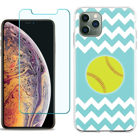 For Apple iPhone 11 Pro Case , Slim-Fit TPU Protective Phone Case with Tempered Glass Screen Protector, by OneToughShield ® - Chevron/Teal/Softball