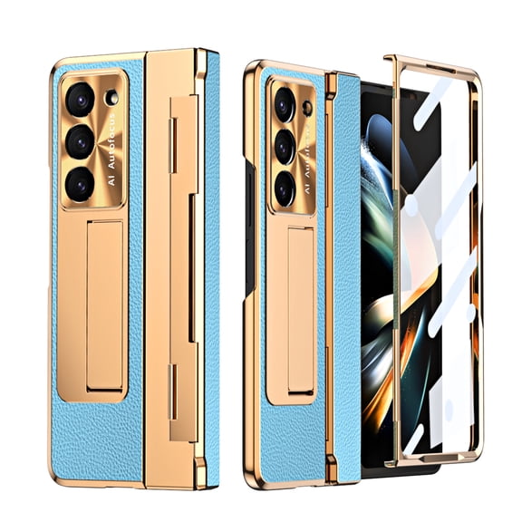 ELEHOLD Luxury Case for Samsung Galaxy Z Fold 6 , Rugged PC Shell with Built-in Screen Protector Hidden Kickstand Hinge Protection Support Wireless Charging Shockproof Full Body Case,Blue Gold