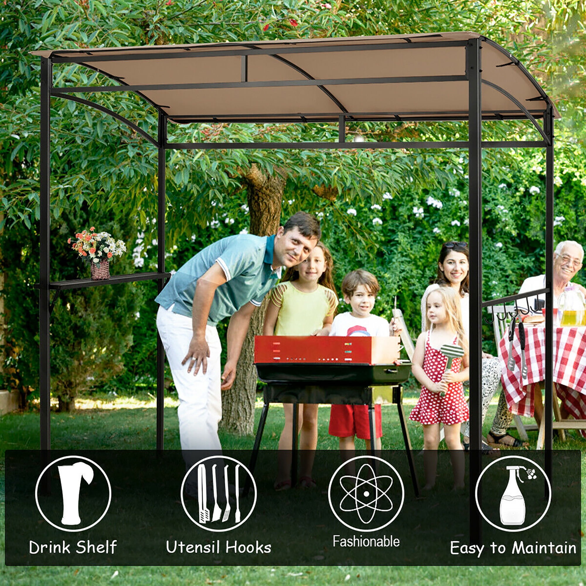 Costway 7'x4.5' Grill Gazebo Outdoor Patio Garden BBQ Canopy Shelter Storage Hook Brown