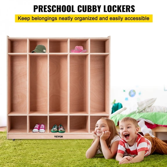 5-Section Preschool Cubby Lockers 48.4 Inch High Birch Plywood Kids Coat Locker 15MM Thickness Durable Classroom Storage for Toddlers Natural