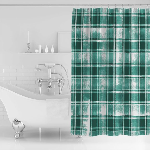 Waterproof Shower Curtain, Teal Checkered Polyester Fabric Bathroom Curtains with 12 Hooks, 48"" W x 72"" H, Vintage Watercolor Turquoise Plaid Quick-Drying Bathtub Curtain, Plaidoud5417