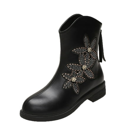 

Qufokar Womens Insulated Snow Boots Boots Women Flat Heel Fashion Autumn And Winter Women Ankle Boots Low Heel Round Toe Flower Rhinestone Back Zipper
