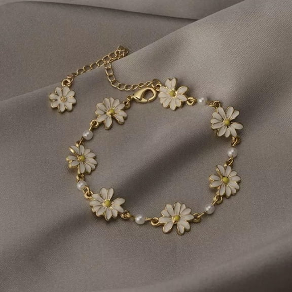 EOEMY Cute Pearl Flowers White Daisy Bracelet Bangle Chain Wedding Women Jewellery