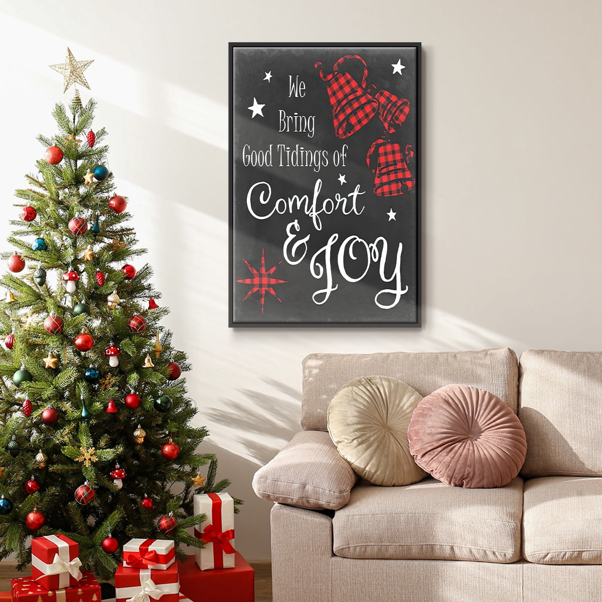 Comfort and Joy in Red - Framed Gallery Wrapped Holiday Canvas - 27 x 41 - Black Frame