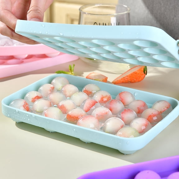 Miretho 25-Cavity Silicone Round Ice Cube Tray with Lid Small Circle Ice Ball Maker Mold for Freezer Drinks,Blue,25-Cavity