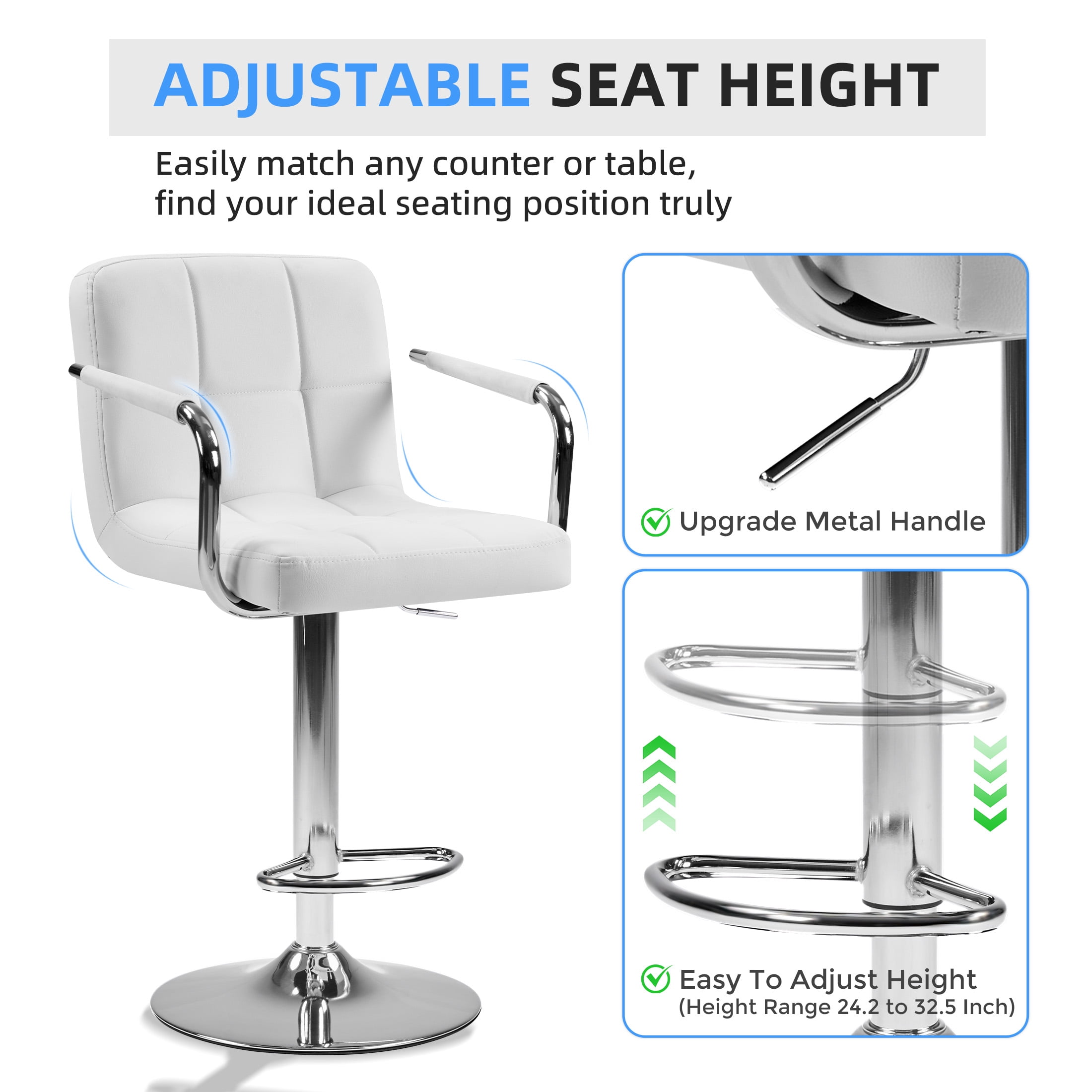 CONCETTA Set Of 2 Swivel Bar Stools With Armrests, Made of Adjustable Pu Leather with Back & Footrest,White