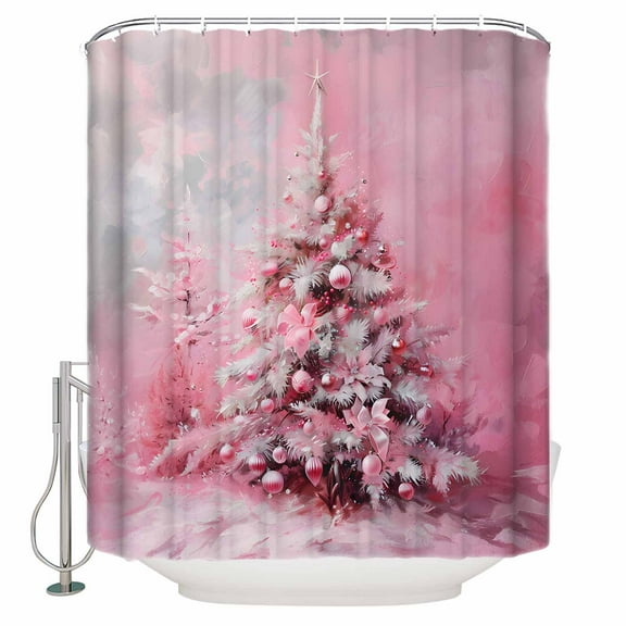Christmas Retro Shower Curtain, 60" x 72", Pink Xmas Tree Oil Painting Waterproof Bathroom Curtain Washable Shower Curtain Set with 12 Hooks