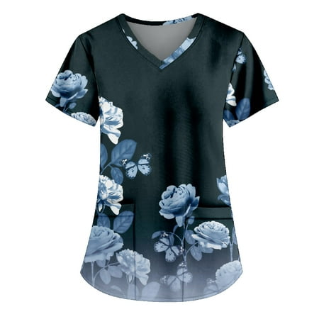 

YDKZYMD Womens Scrub Tops Summer Vintage Printed Plus Size with Two Pocket Short Sleeve V Neck Scrubs for Women Blue XL