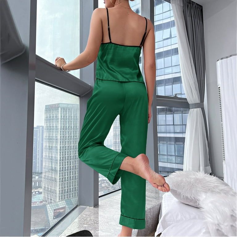 Women Soft Loungewear Silk Suspenders Pants Spring Summer Ties Thin  Straight Pants Home Wear Suit Fashion Nightwear Breathable Sleepwear Two  Piece Matching Outfits Set 