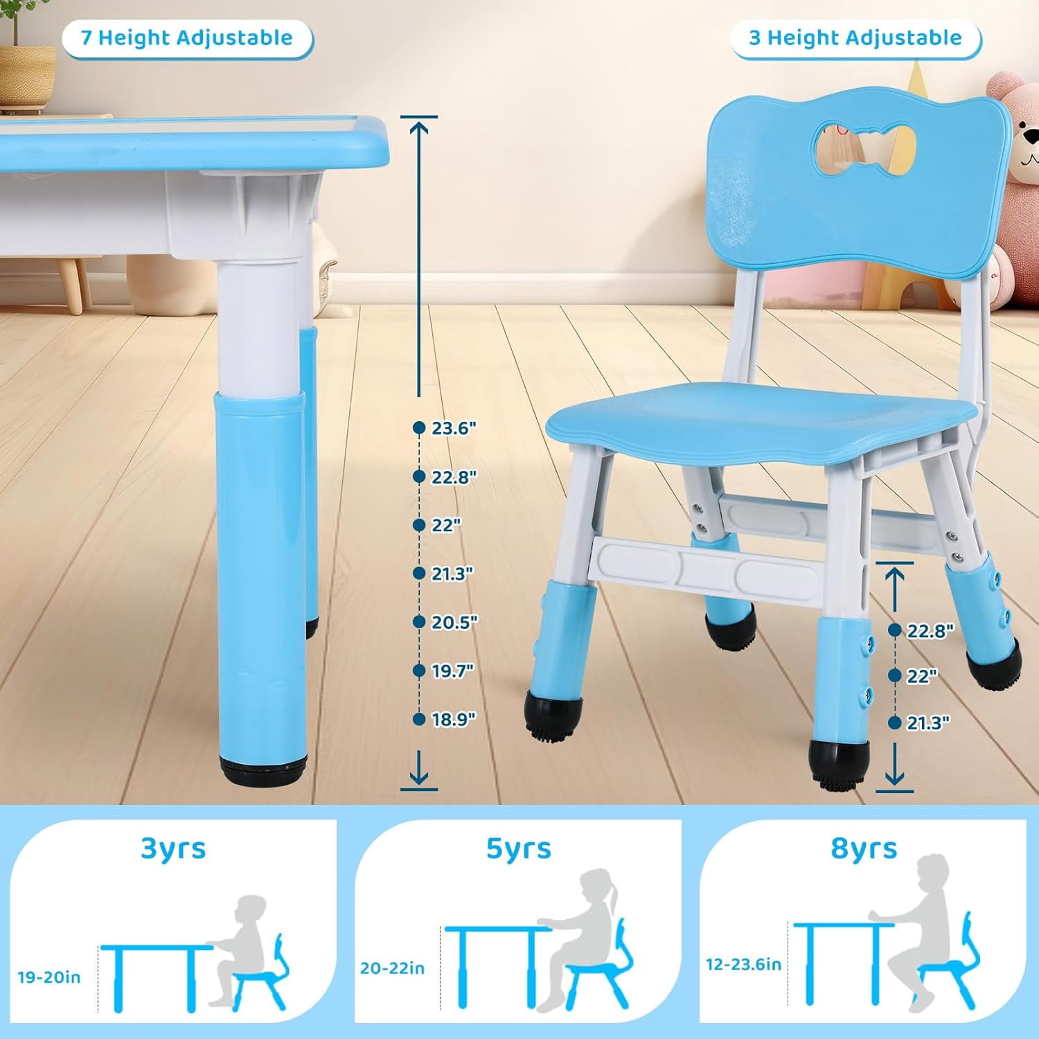 Pirecart Kids Table and 6 Chairs Set for Ages 2-10, Height Adjustable Children Arts & Crafts Table with Graffiti Desktop, Blue