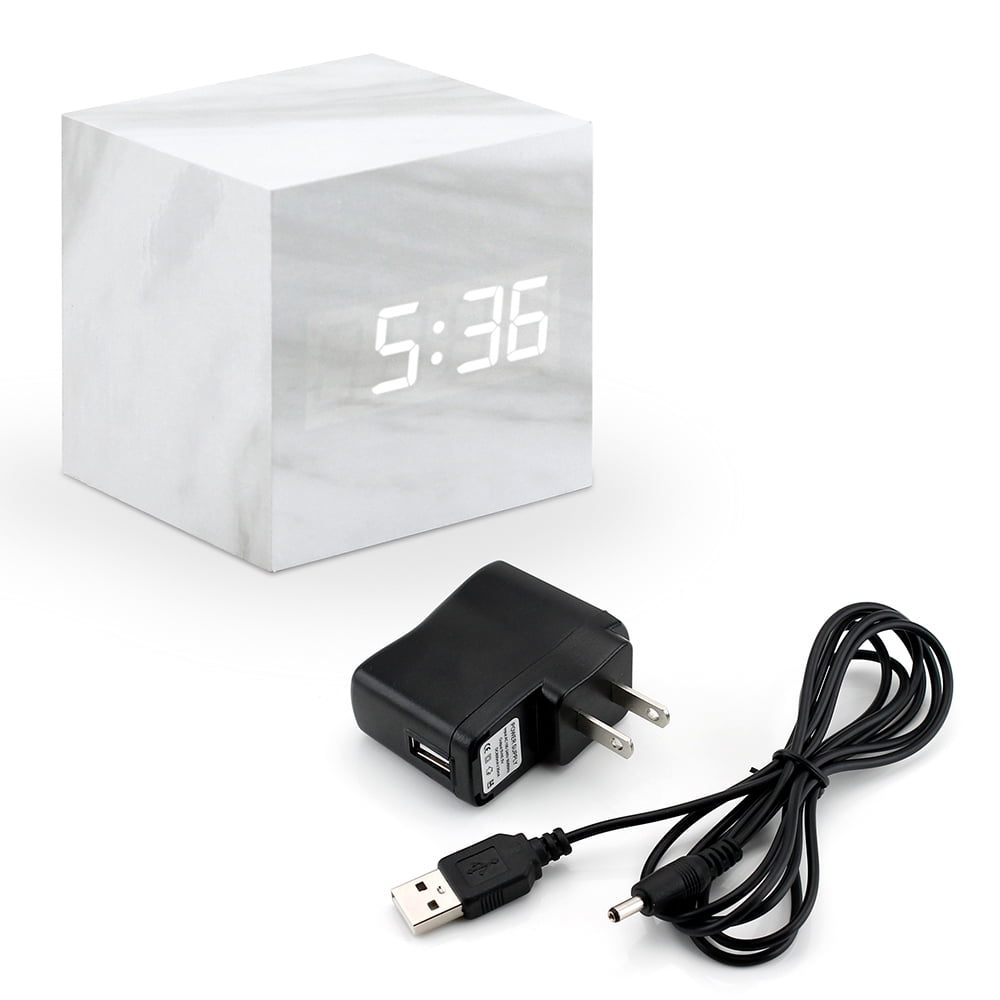 Marble Pattern Alarm Clock Fashion Multi-function LED Desk Alarm Clock with Snooze and USB Power Supply Voice Control Timer Thermometer - White