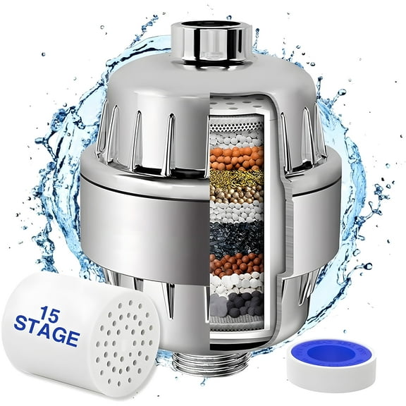 Shower Filter 15 Stages High Output Shower Filter for Hard Water Universal Water Shower Filter Head with 2 Replaceable Shower Filter Cartridges,Reduces Dry Skin