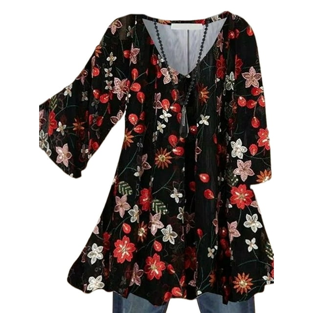 MAWCLOS Women Blouse V Neck Tops Ruched Tunic Shirt Elegant Beach Floral Print Pullover #5 M