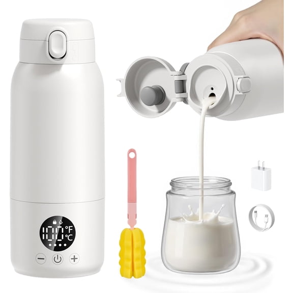 Portable Bottle Warmer for Baby ? Fast Heating Milk Warmer for Travel, Breast Milk & Formula, 17oz Leak-Proof Stainless Steel, IPX6 Waterproof, Rechargeable with Long Battery Life with Cleaning Brush