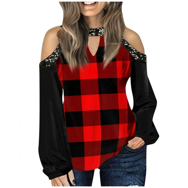 jovati Women Fashion Round Neck Off Shoulder Stitching Plaid Print Loose Long Sleeve T Shirt Top Walmart