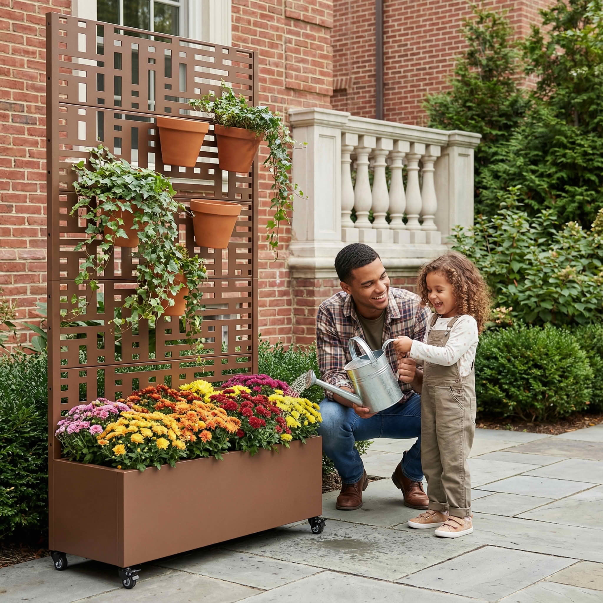 MAYEERTY 72X35" Metal Outdoor Brown Privacy Screen with Planter Box for Backyard & Garden, 5 Piece Set
