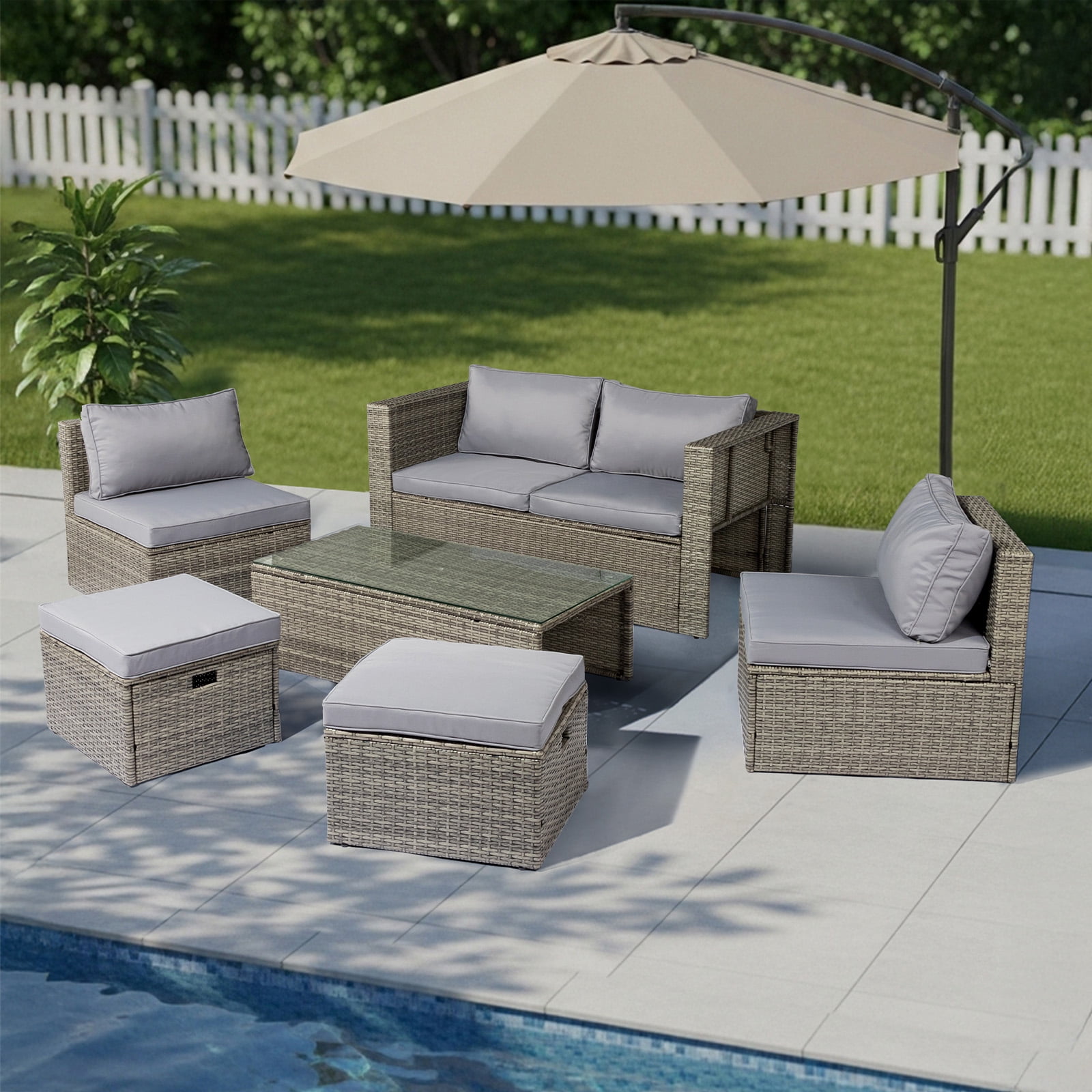 Ktaxon 7-Piece Modular Patio Sectional Set, All-Weather Rattan Set Grey Cushions
