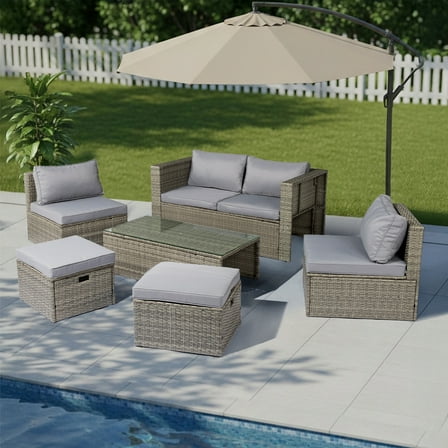 Zimtown 7-Pc All-Weather Patio Set, Modular Wicker Sectional with Storage and Water-Resistant Grey Cushions