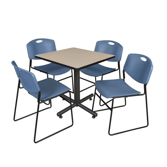 Regency Kobe 30 in. Square X-Base Breakroom Table- Beige, 4 Zeng Stack Chairs- Blue