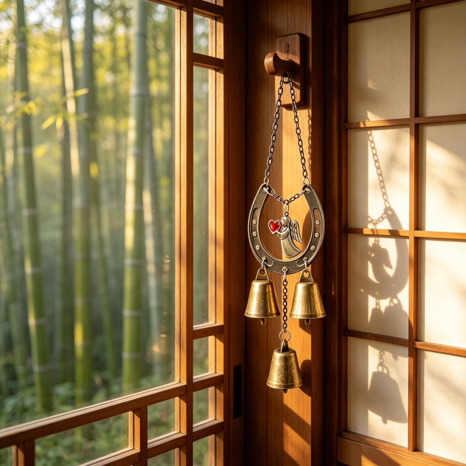 Bgliely Horseshoe Wind Chime - Vintage Metal Indoor Outdoor Decor with Heart Symbol and Three Bells gold