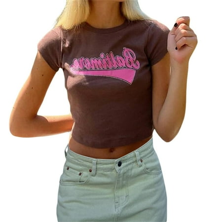 

Suanret Women Cropped T-shirt Girl Letters Print Round Neck Short Sleeve Summer Top Brown L