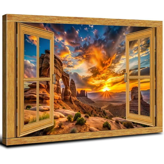 Aaheei Arizona Desert Scenery Wall Art Fake Open Windows Natural Western Photography Posters for Living Room Vintage National Parks Landscape Canvas Prints Bedroom Artwork Office Home Decorations