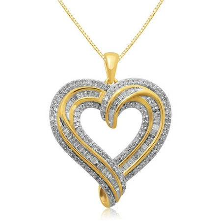 1 Carat T.W. Baguette and Round Diamond 18kt Yellow Gold over Sterling Silver Heart Pendant, 18