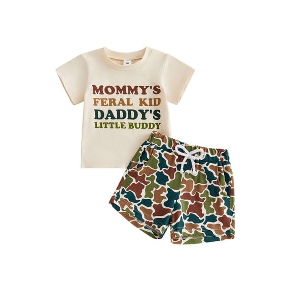 Loicainy Toddler Baby Boy Summer Outfits 6 12 18 24 Months 2T 3T Short Sleeve Crew Neck Letters Print Tops and Elastic Waist Shorts Clothes Set